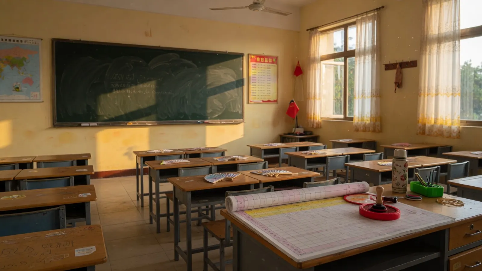 放学后空教室：黑板与课桌，讲台上有课表和印泥