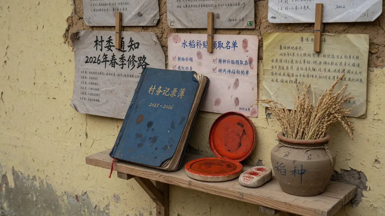 土墙记事墙上夹着通知，蓝皮村务记录簿与朱红印泥搁在木架上