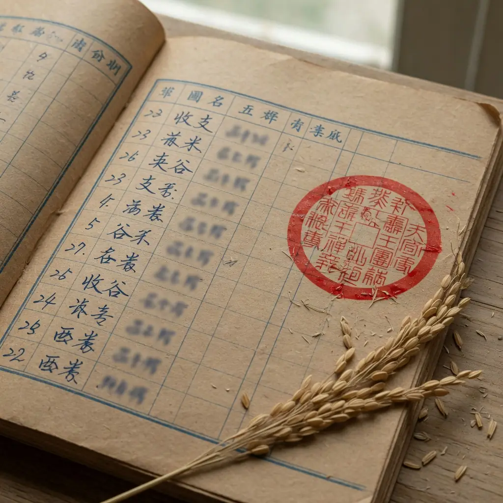 蓝钢笔账页与朱红印章、一穗稻子
