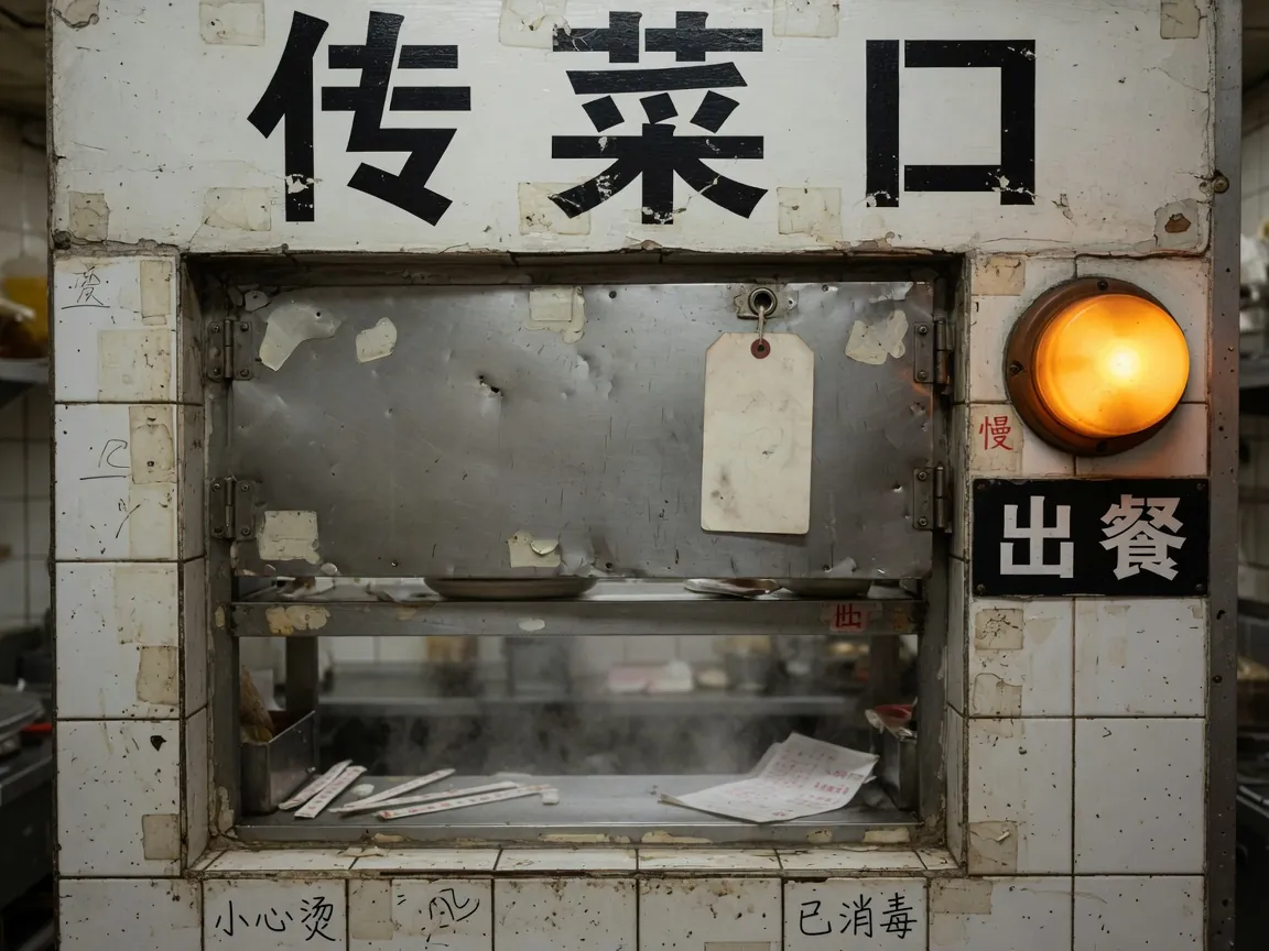 厨房出餐口金属闸门，琥珀灯亮着，空白吊牌待写