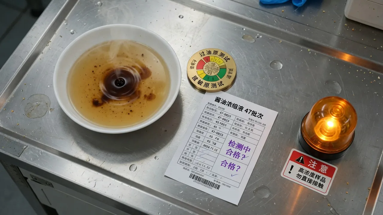 不锈钢台上燕麦色瓷盘，一滴酱油激起同心涟漪，旁边是规格书与琥珀警示灯