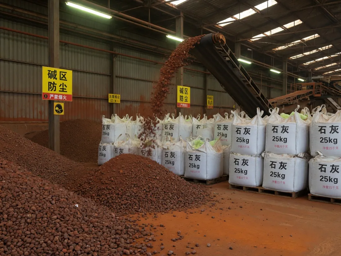 铝土矿堆与石灰，溶出配料区