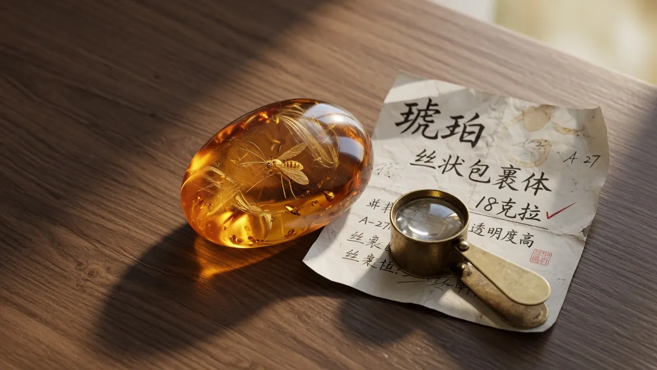 胡桃木台上的蜜色琥珀与铜放大镜，侧光打出内部絮丝