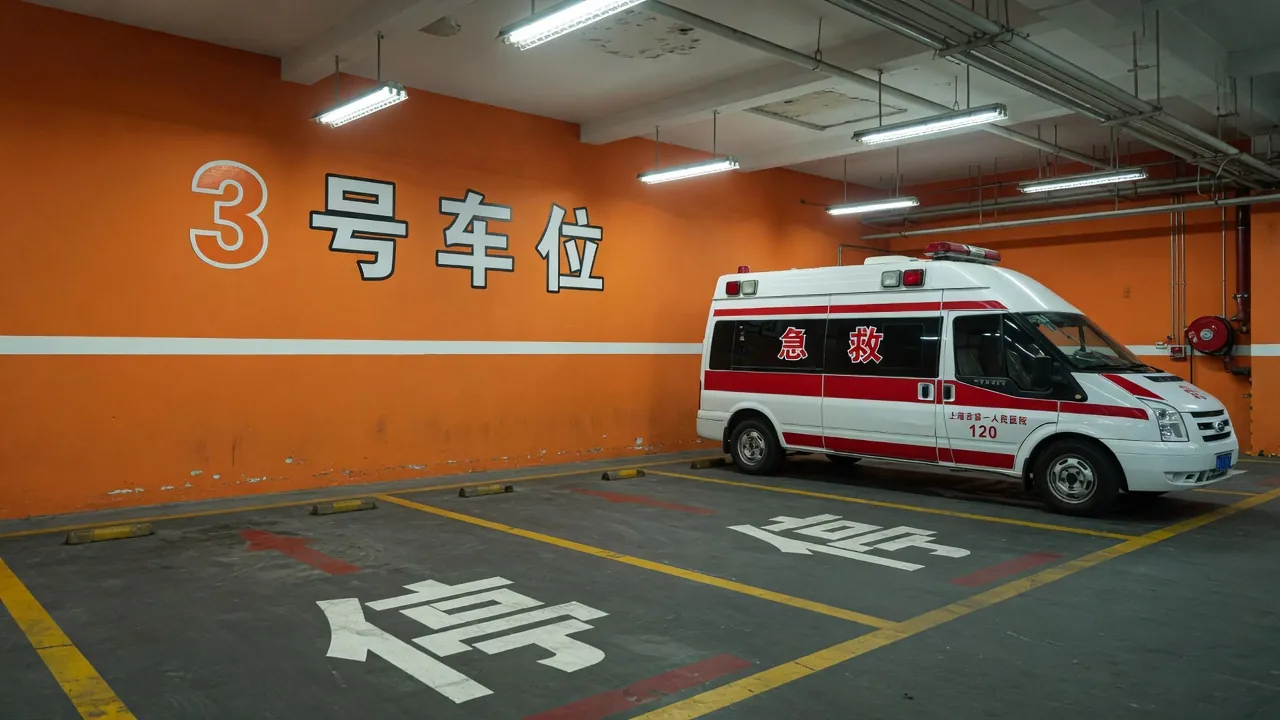 夜车库 3 号车位，一辆急救车停在 STOP 闸线后