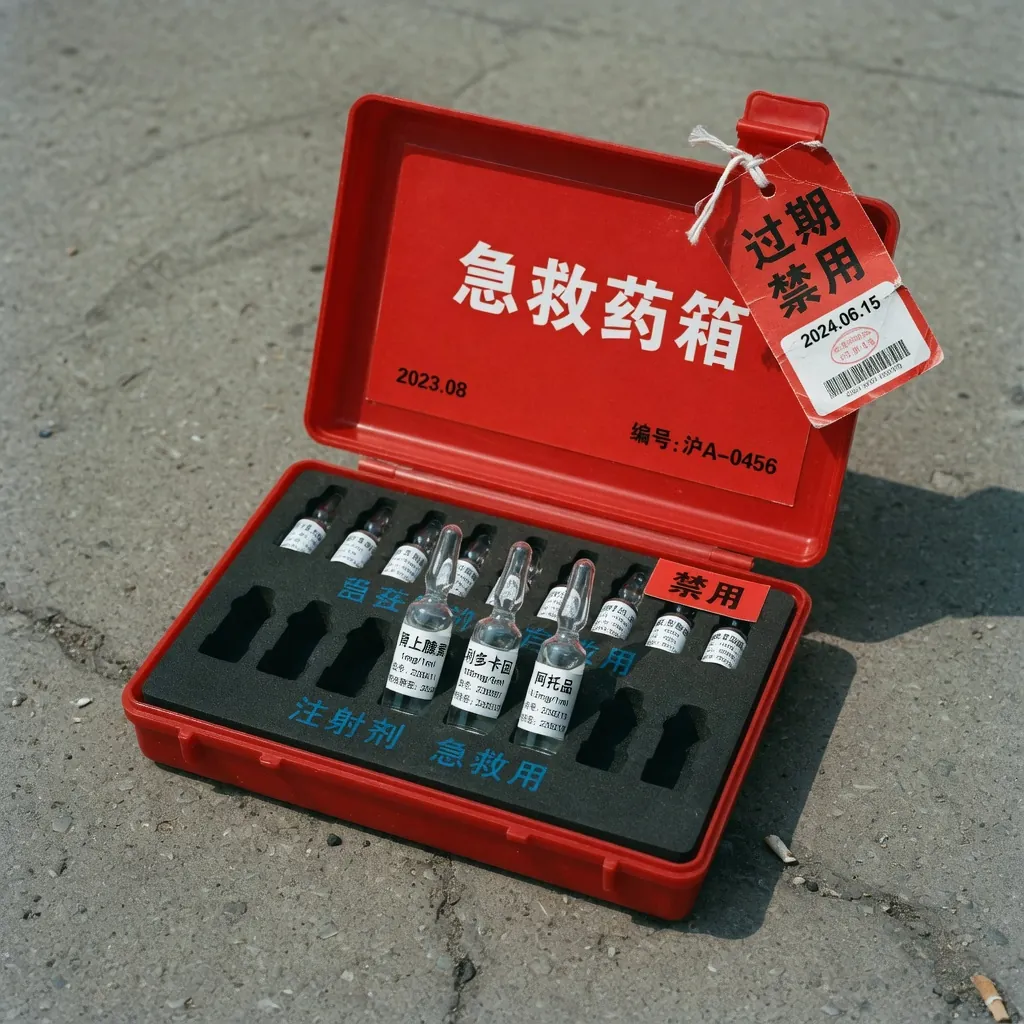 急救药箱格子，一格阿托品贴着过期红签
