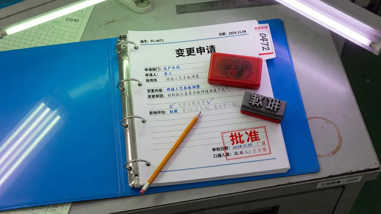 蓝色 QA 文件夹里的变更申请单、铅笔与未盖的批准印泥