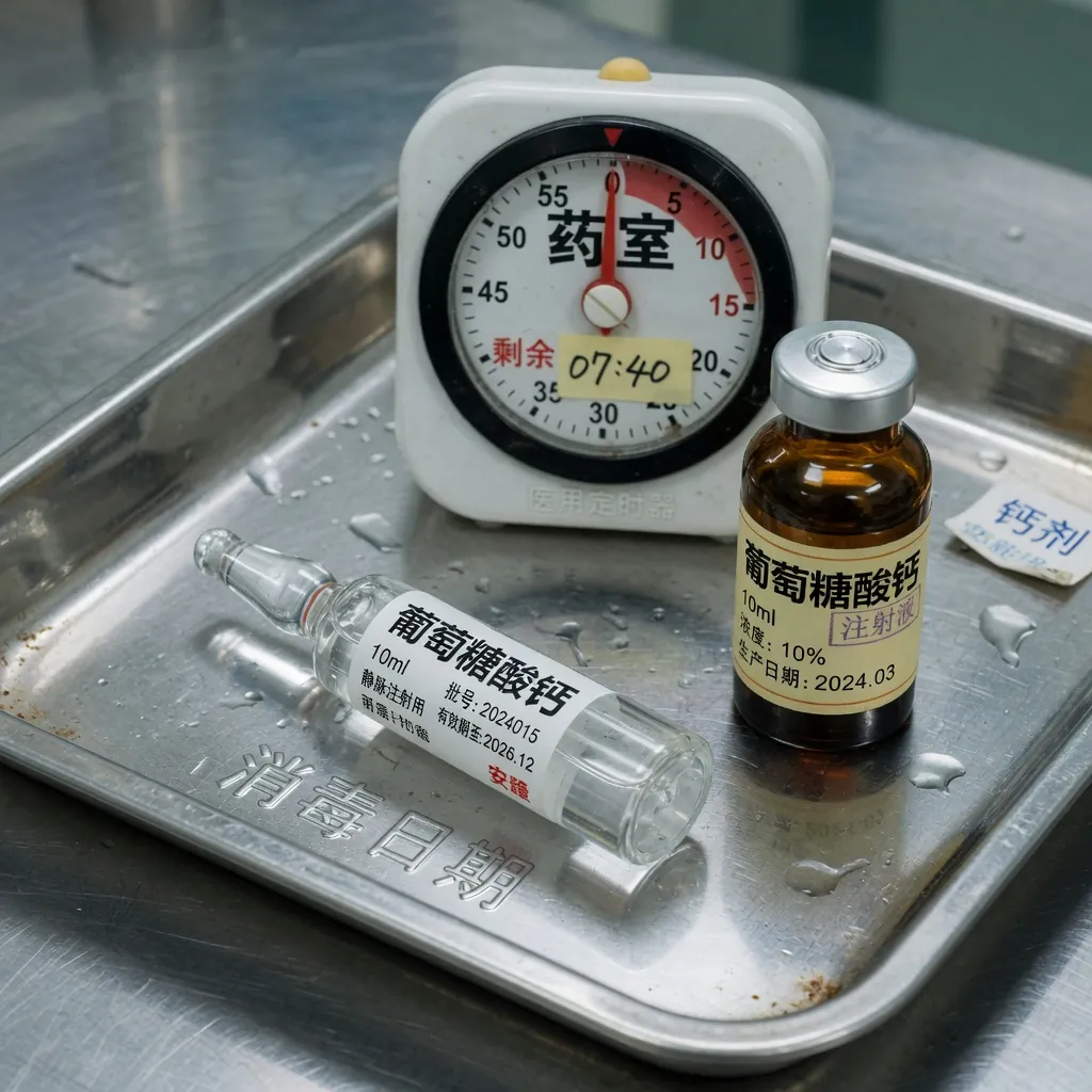 不锈钢盘上的葡萄糖酸钙安瓿、注射器和计时器