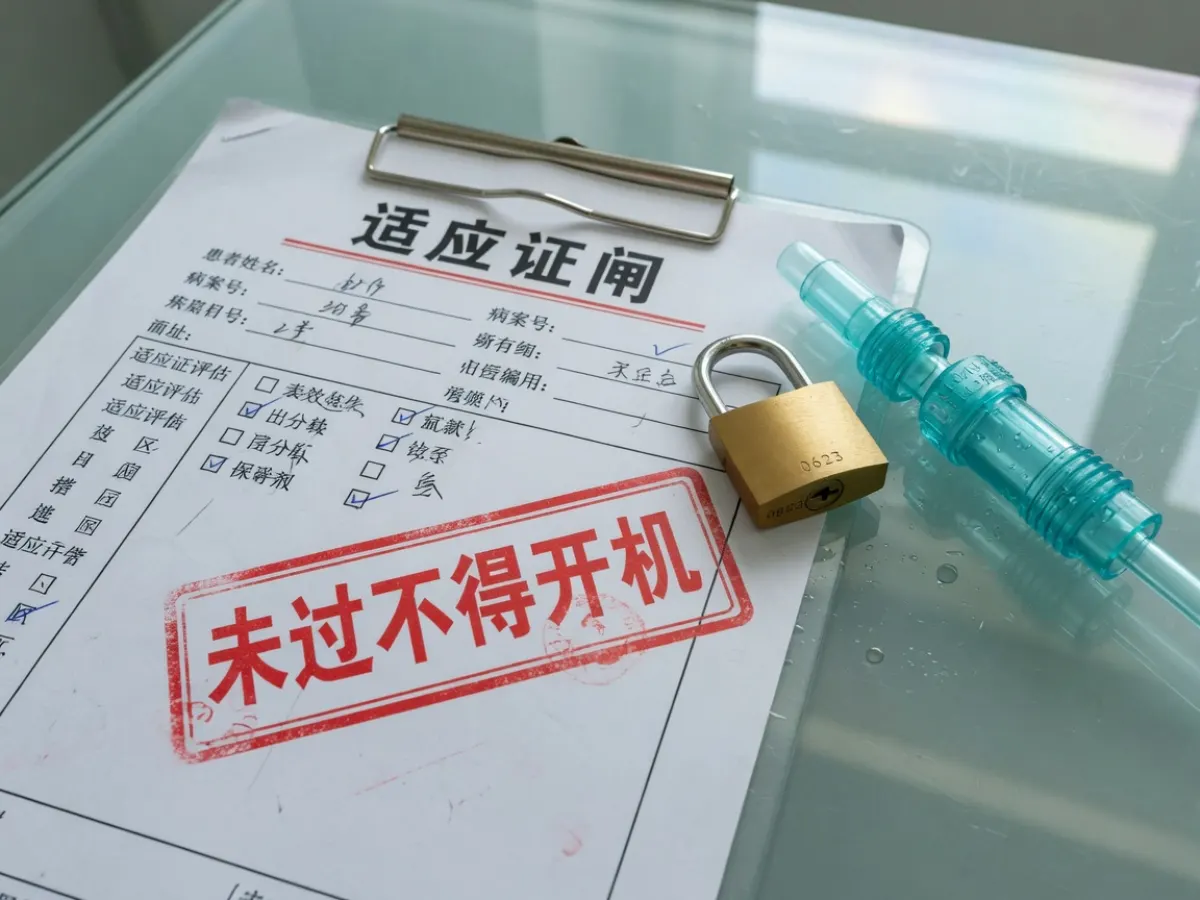 写着适应证闸的病历夹，红章未过不得开机，旁边一把挂锁和管路接头