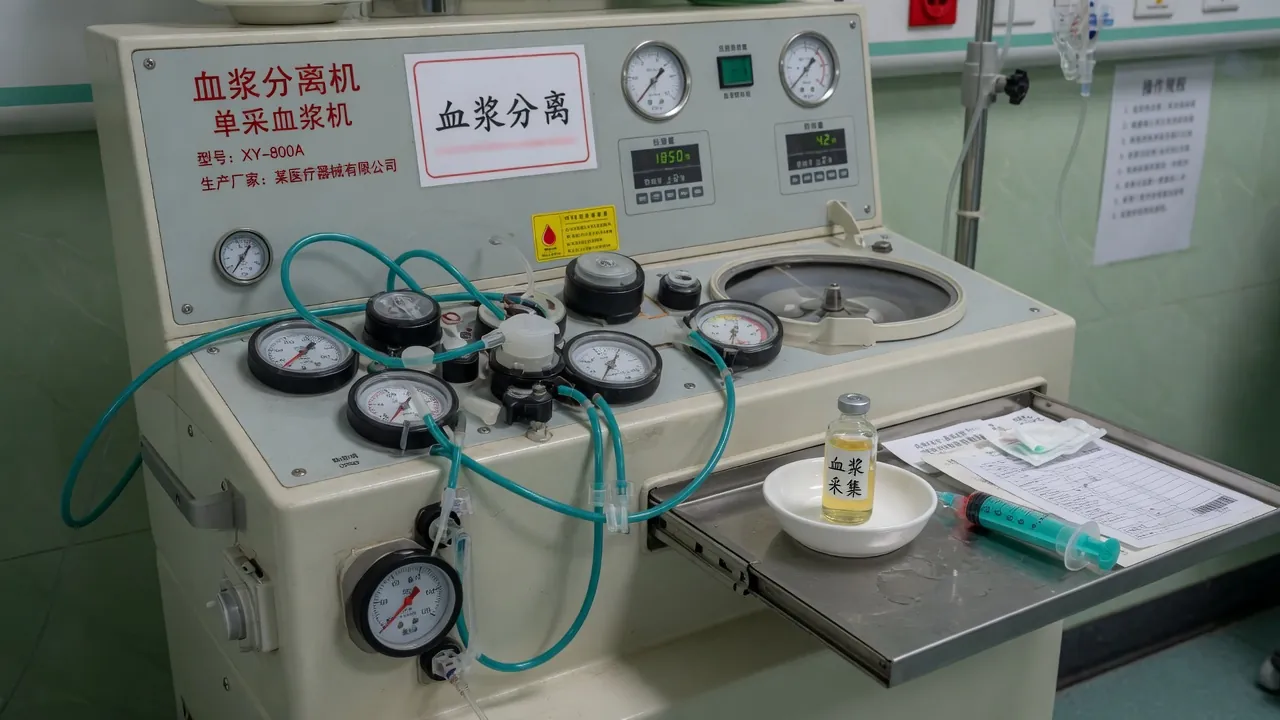 治疗室里的单采机，托盘上放着钙剂安瓿和注射器
