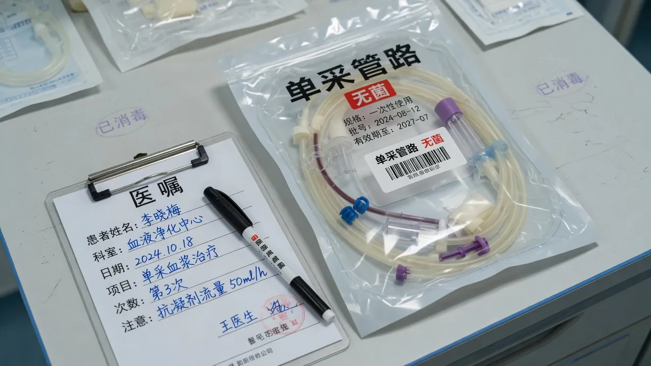 未拆封的单采管路包放在处方单旁边
