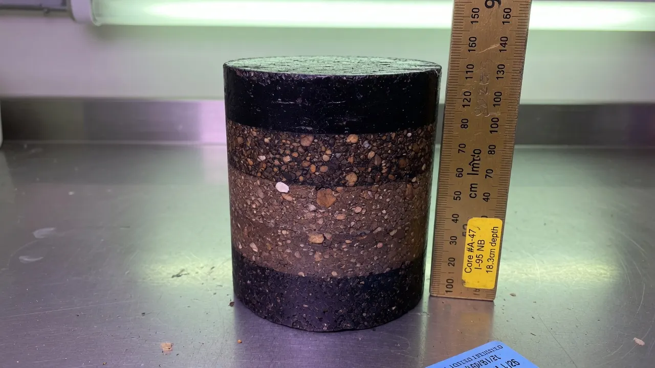 试验台上带尺的沥青芯样，层界如年轮