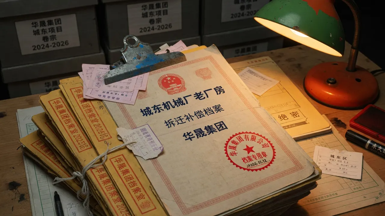 华晟集团城东机械厂老厂房卷宗、朱红档案章与牛皮文件夹