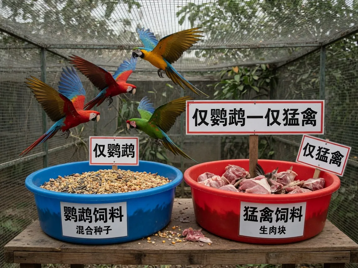 分区投喂点：鹦鹉与猛禽料桶分色隔离