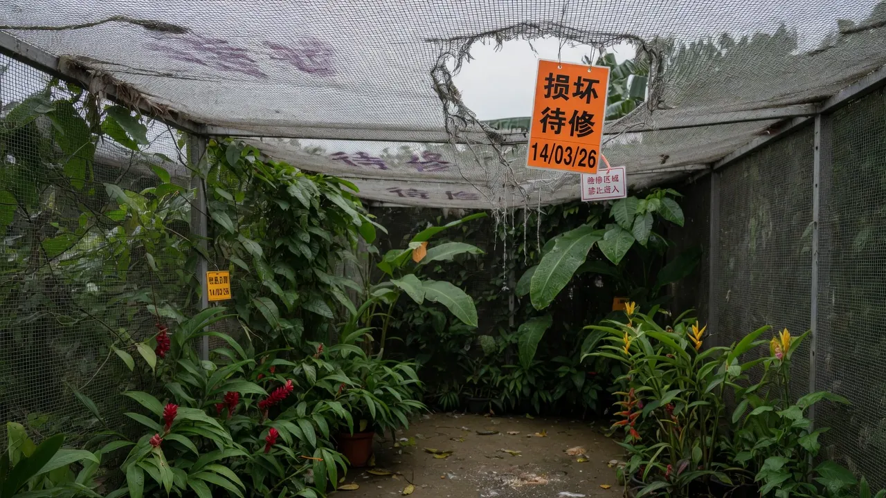 大型鸟舍钢索网顶：一处撕裂用警戒橙标签标出