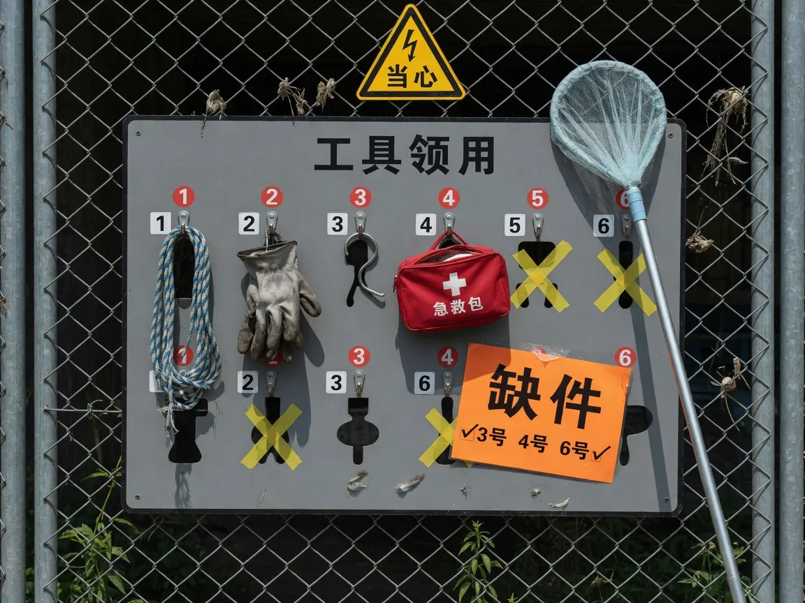 入网门口工具板：缺钩示警，网在门外