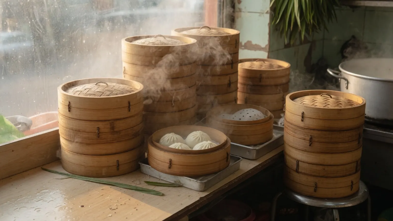 清晨叠起的竹蒸笼，乳白酵雾从笼盖缝里冒出