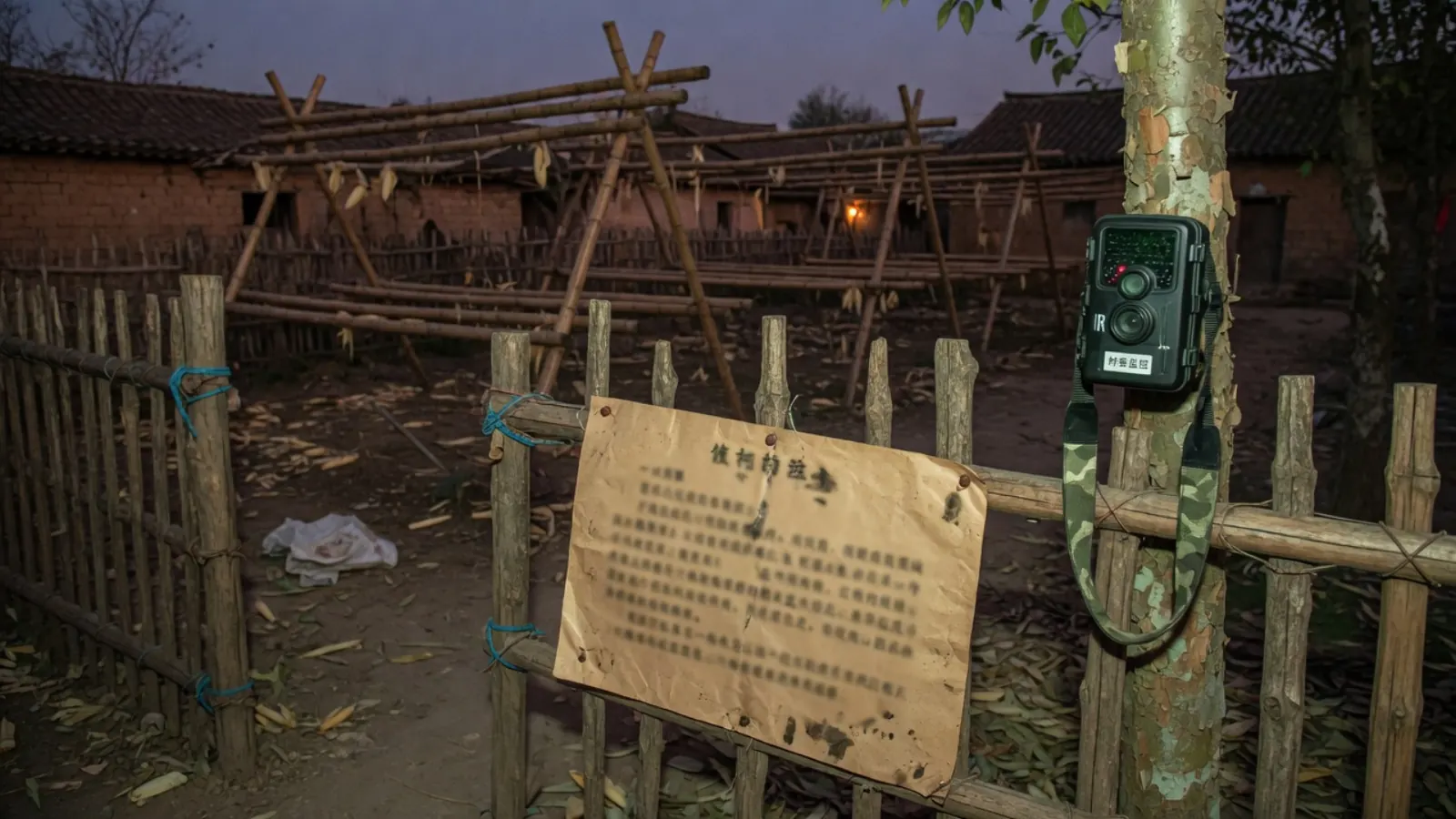 乡镇夜间小路与圈舍灯，纸质今晚卡钉在木柱上