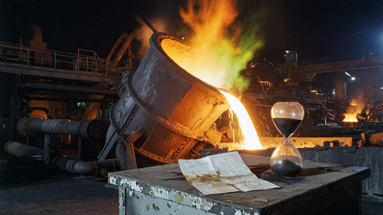 夜班转炉倾动出钢：碳砂计时器与炉次卡放在钢桌上，氧焰与钢水白金同亮