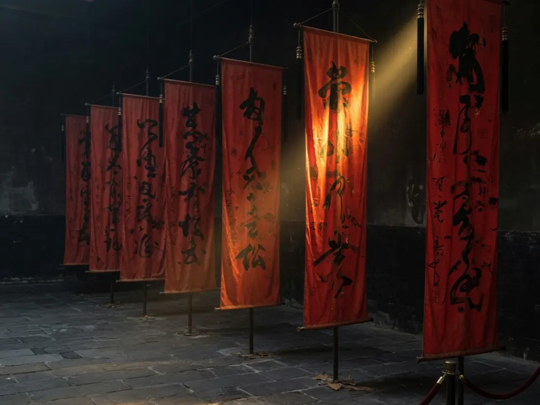 一排竖挂的朱墨榜旗