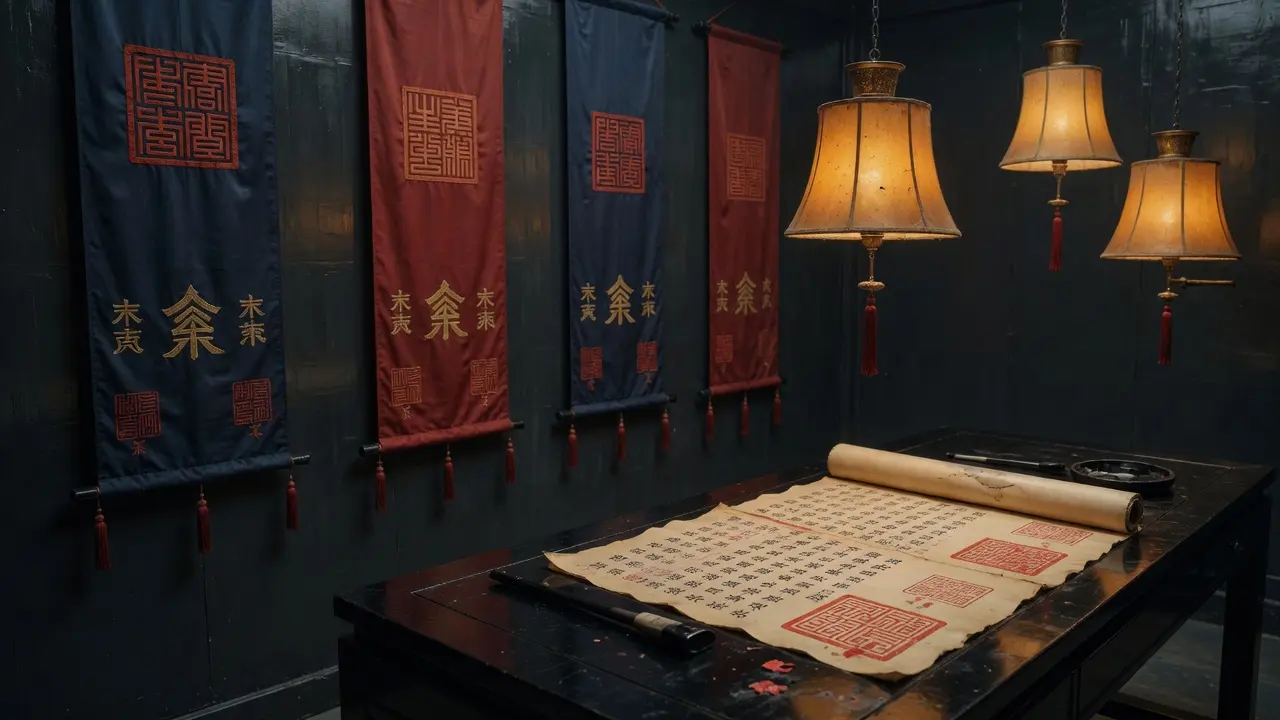 暗厅里悬挂的朱墨竖榜与桌上展开的榜文卷轴