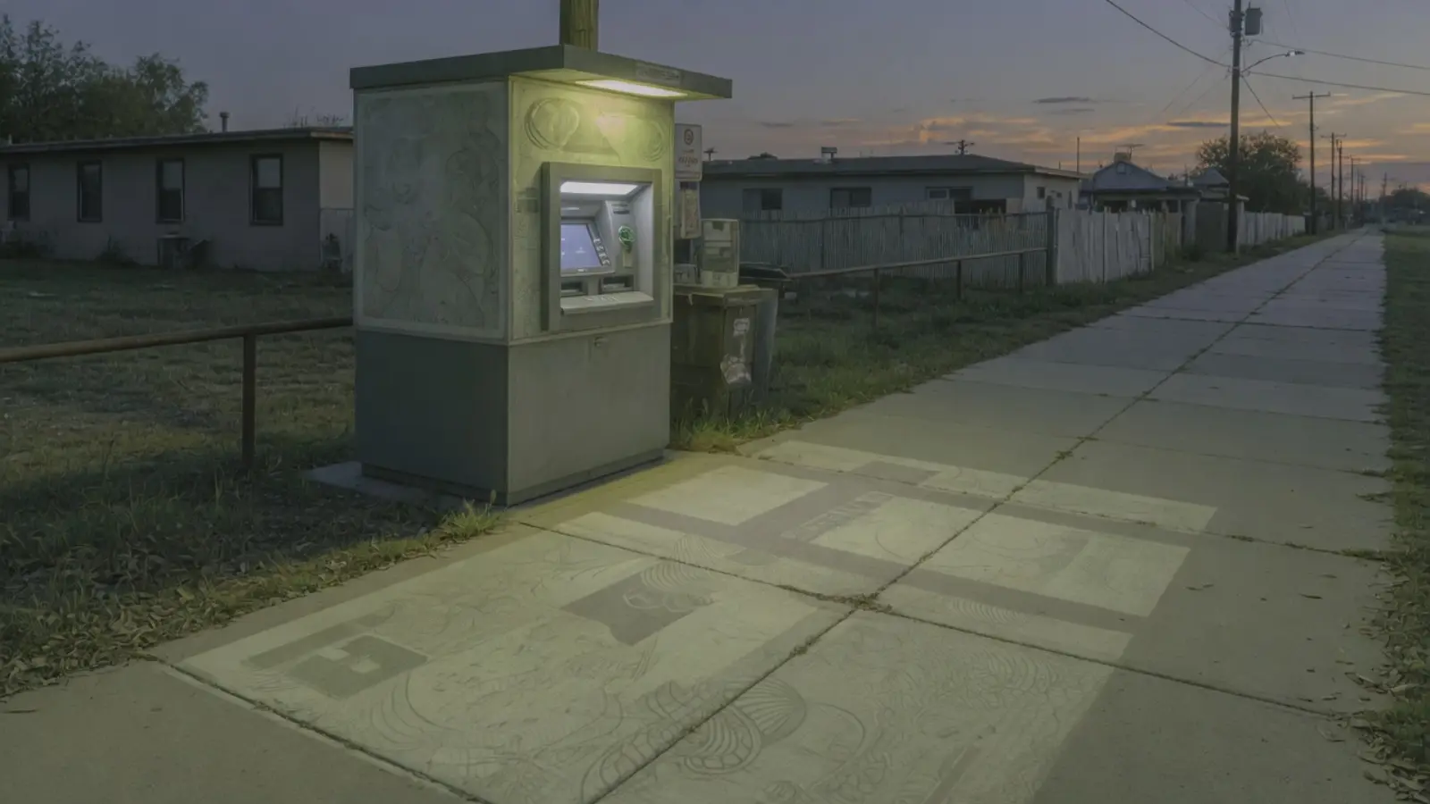 黄昏郊区人行道上孤零零的 ATM 亭