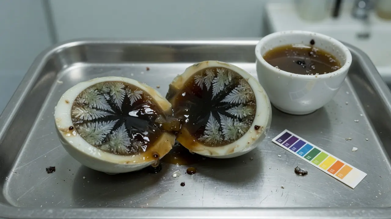 不锈钢盘上剖开的皮蛋与 pH 试纸，松花清晰