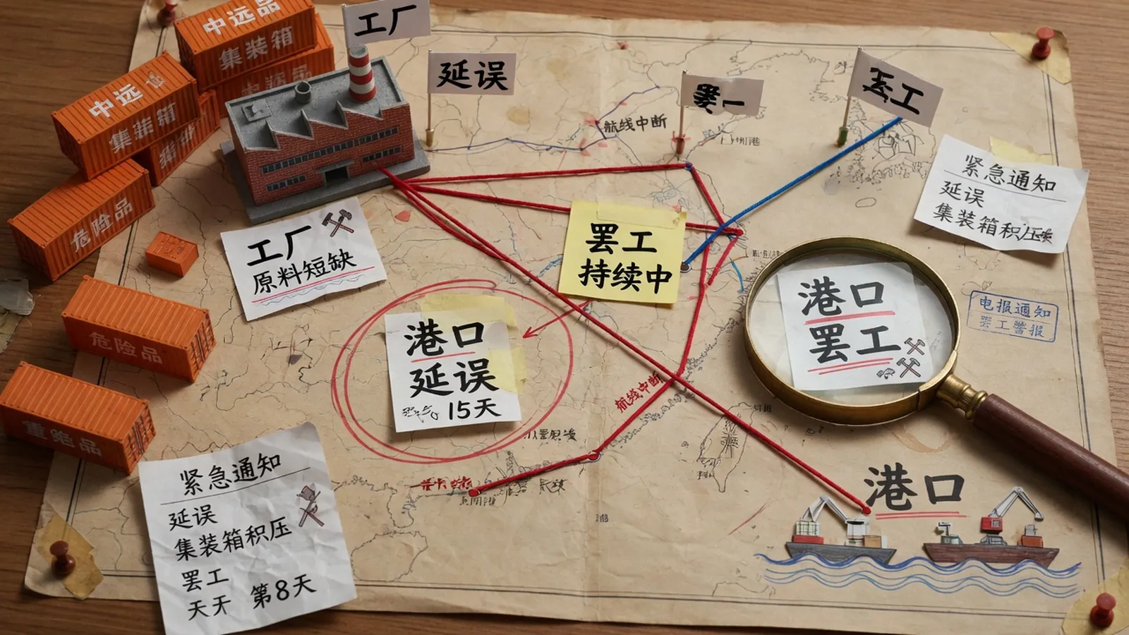 董事会桌上的供应网络纸图与绷紧的连线