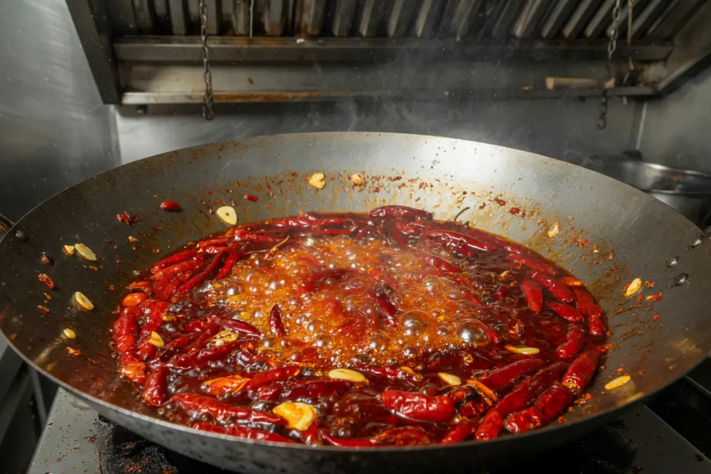 车间大锅里辣椒与蒜片在油中沸腾
