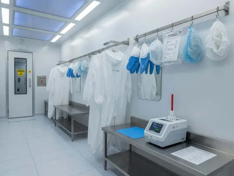 更衣间里的连体服、发帽和粒子计数器