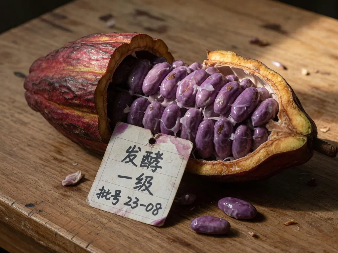 可可豆切面：褐变与紫豆对照