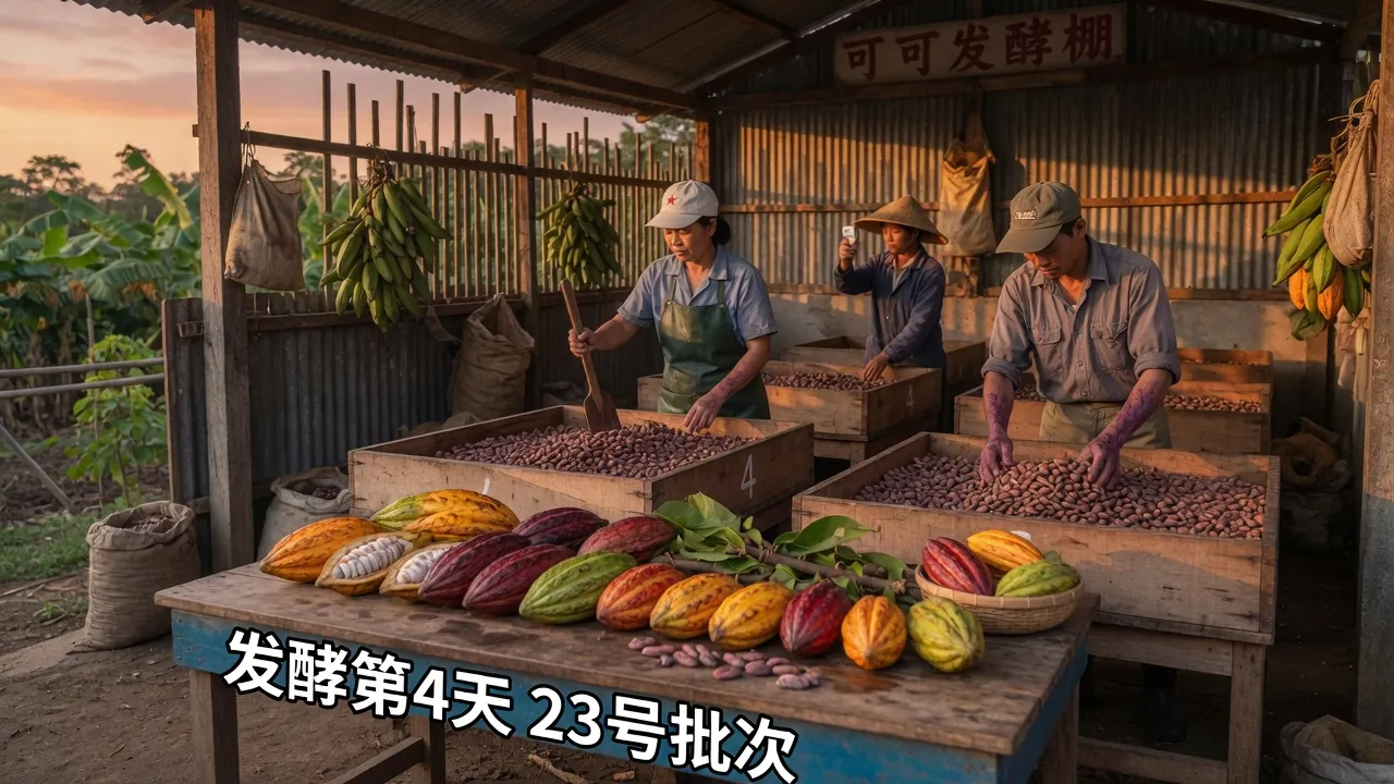合作社木发酵箱与可可果荚