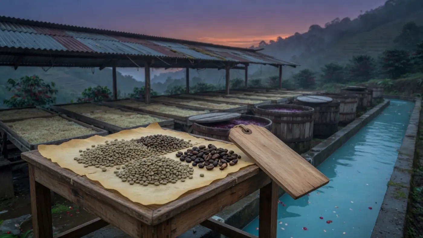 分级台上的生豆与挑出的缺陷豆、空白木牌