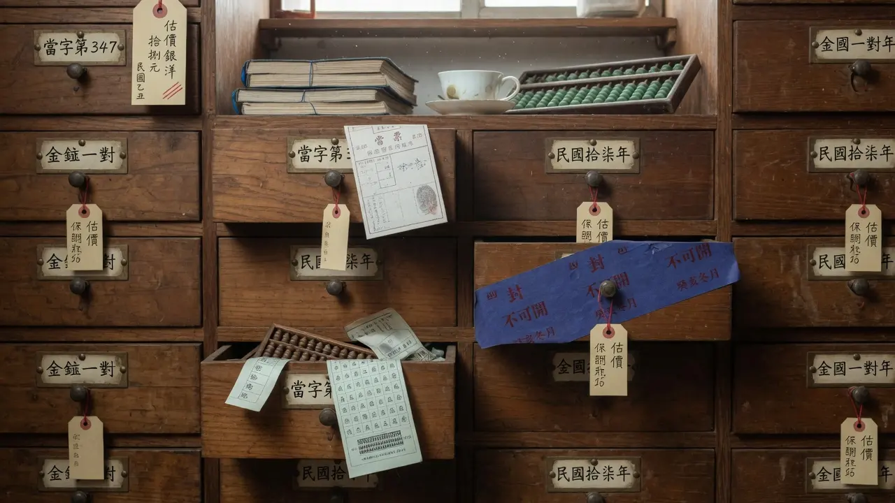 柚木抽屉墙：估值牌、保险签，一格贴着靛蓝封条