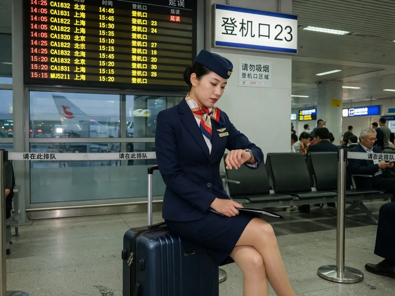 黎明航站楼里拉着登机箱的通勤机组