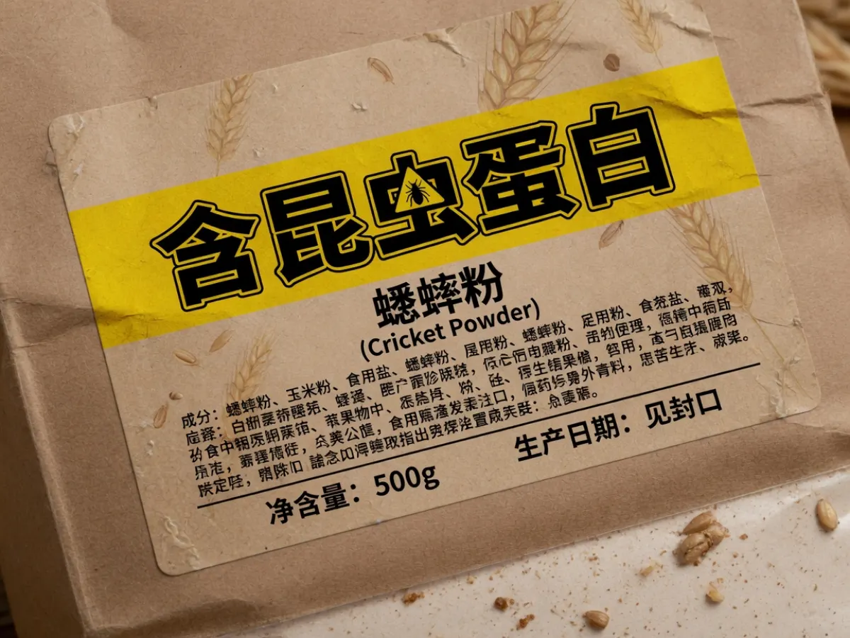 牛皮纸袋上的黄底强制标识含昆虫蛋白与蟋蟀粉