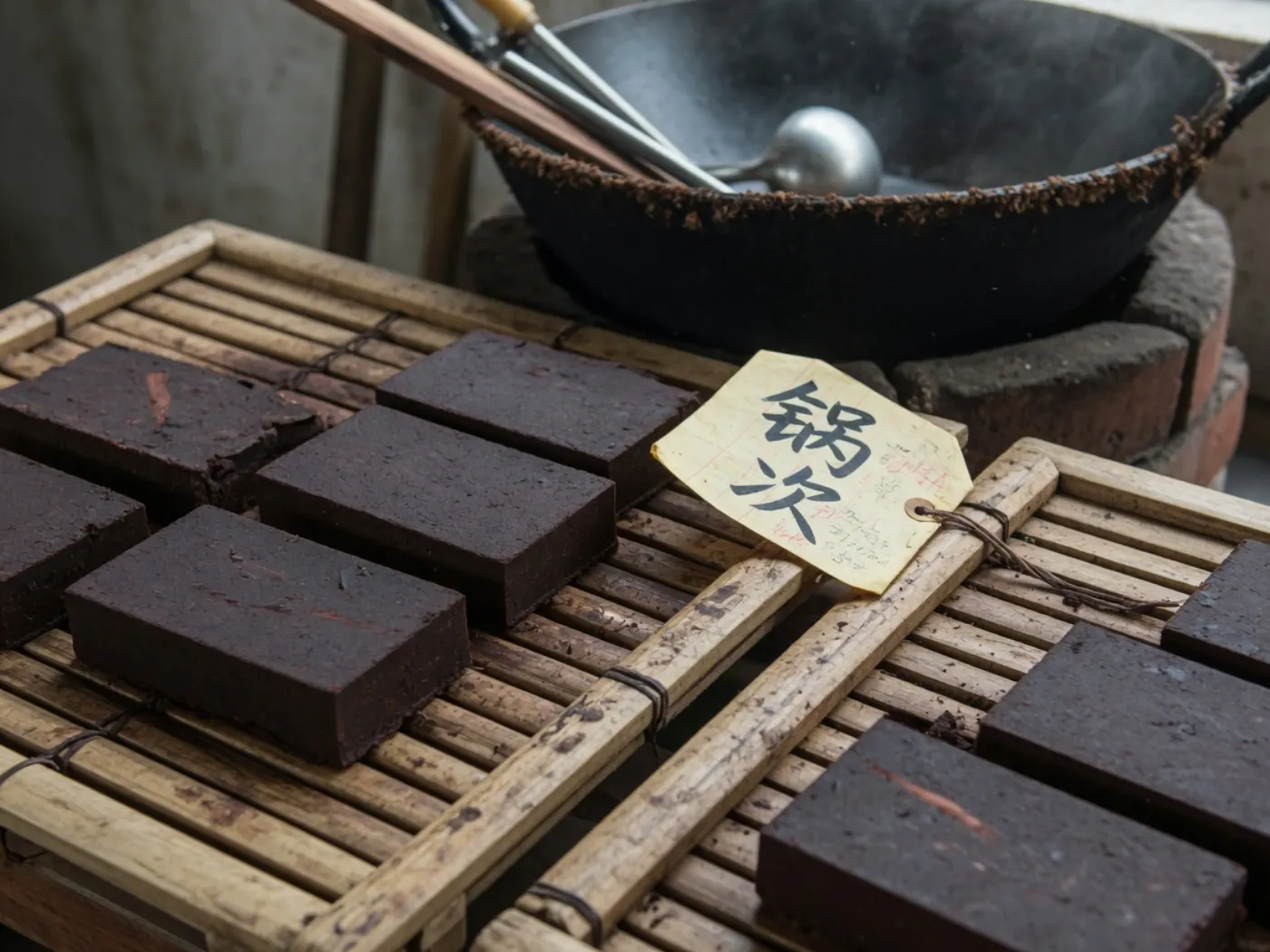 木盘上切好的儿茶褐块，旁边写着锅次