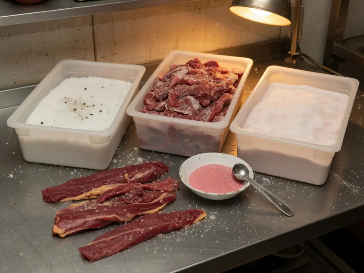 腌制台上的肉条、盐糖与定量的发色盐