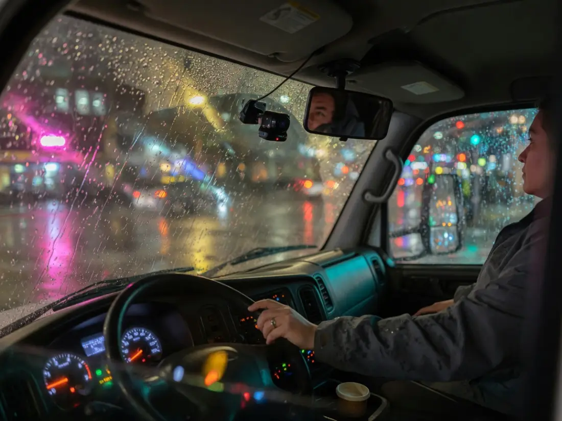 雨夜驾驶室：挡风玻璃水珠，后视镜旁有舱内摄像头
