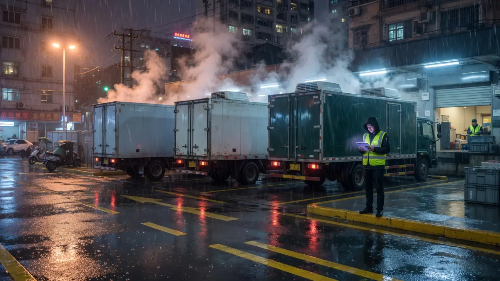 雨夜冷链码头：三台冷藏厢货停在磷光黄标线上，调度员拿平板核车