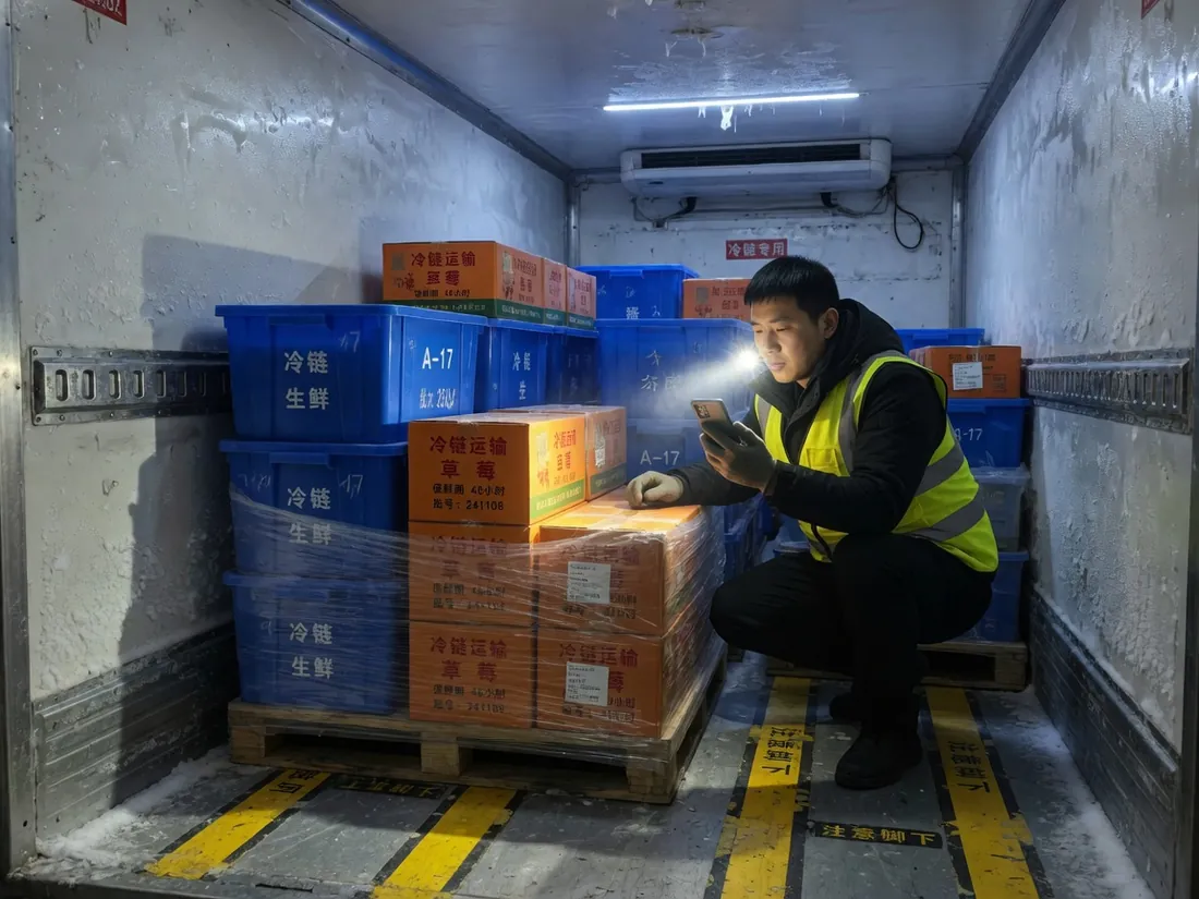 车厢内部：蓝冷箱与橙色纸箱分区堆码，作业员用手机闪光灯拍剩余空间