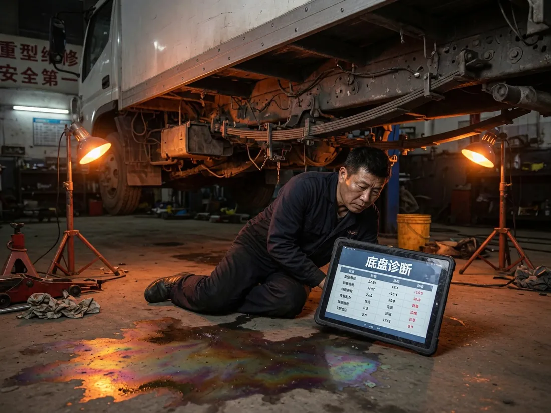 夜班车间：维修工蹲在厢货底盘下读 OBD 诊断平板
