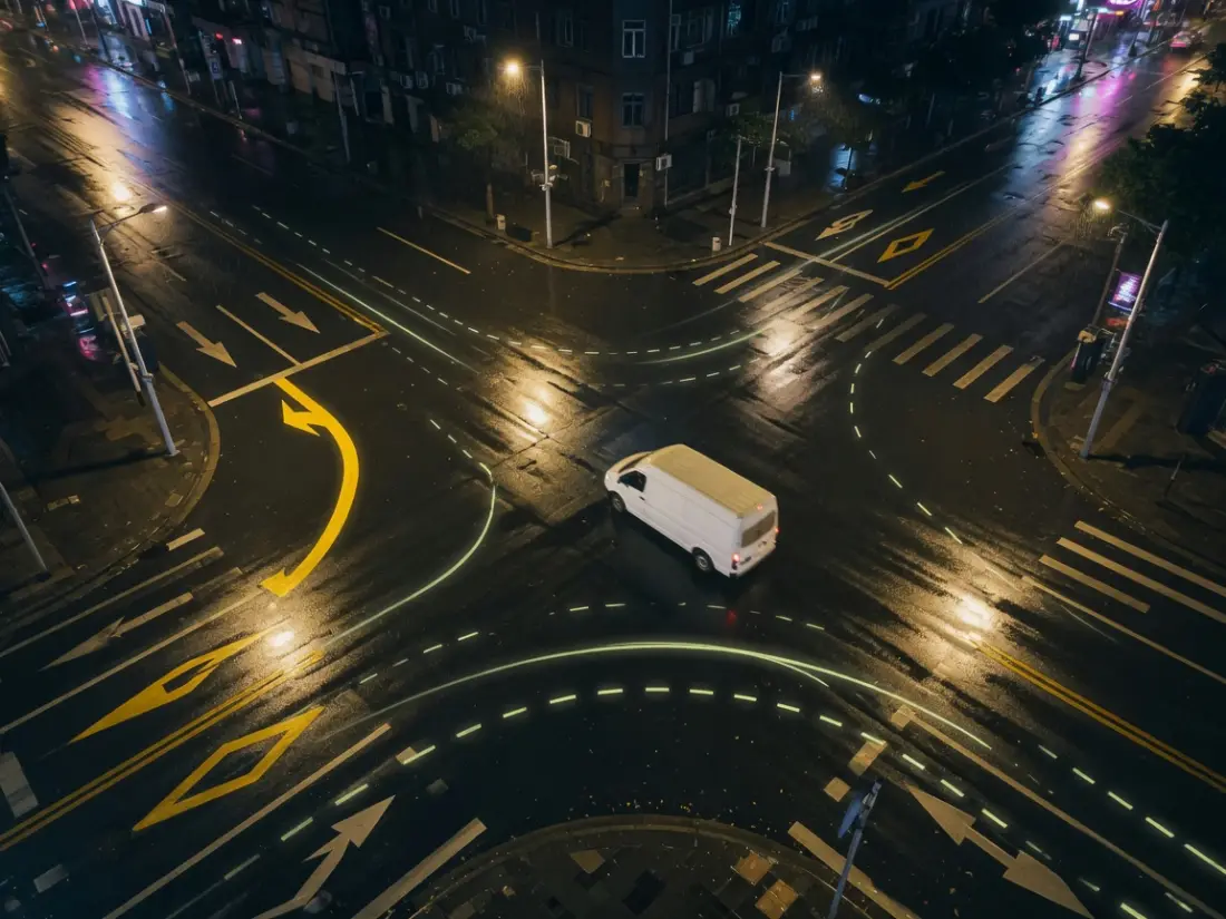 雨夜路口俯视：厢式货车沿磷光黄箭头转弯，湿沥青上有淡发光路径
