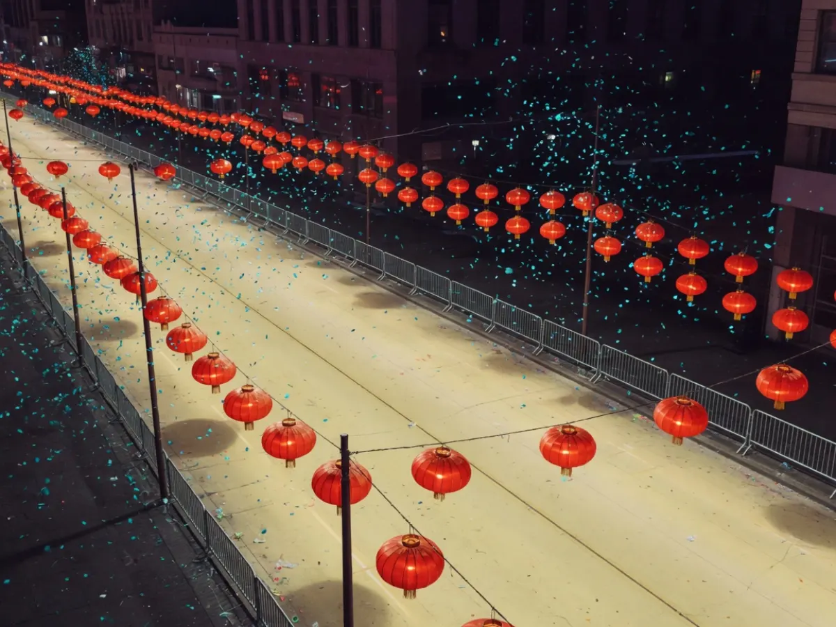 夜间巡游路段与朱红灯笼、彩纸屑
