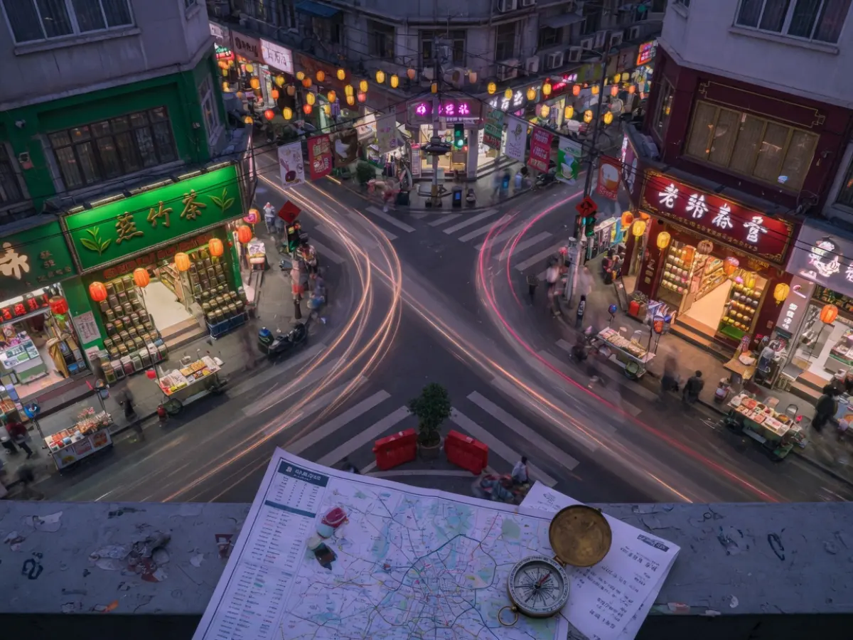 黄昏路口的人流与茶饮店分布，前景有地图和铜罗盘