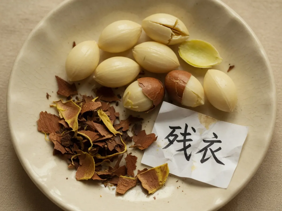 瓷盘上剥开的白果、内皮碎片和写着残衣的纸条