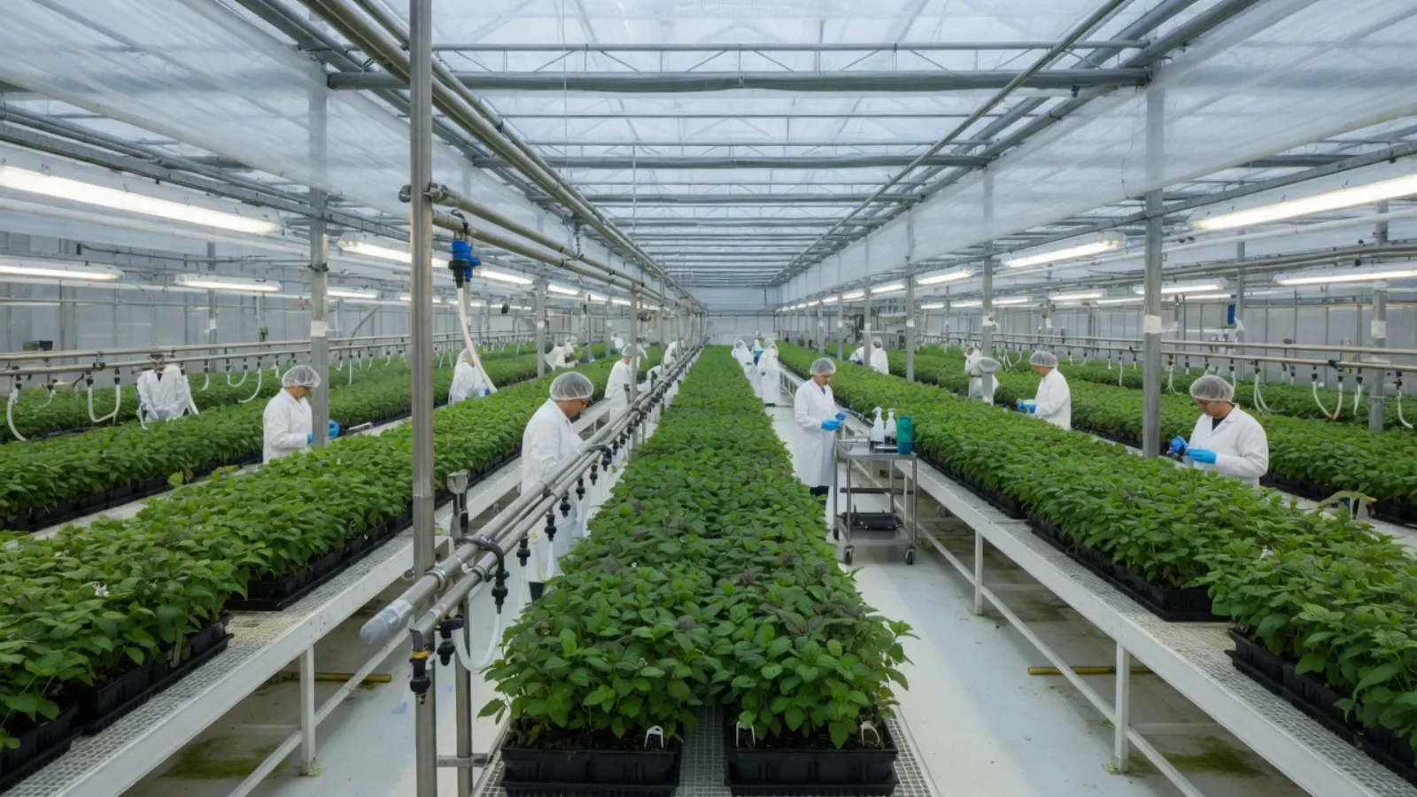 药用温室种成车间：成排药叶、白大褂与不锈钢灌溉管