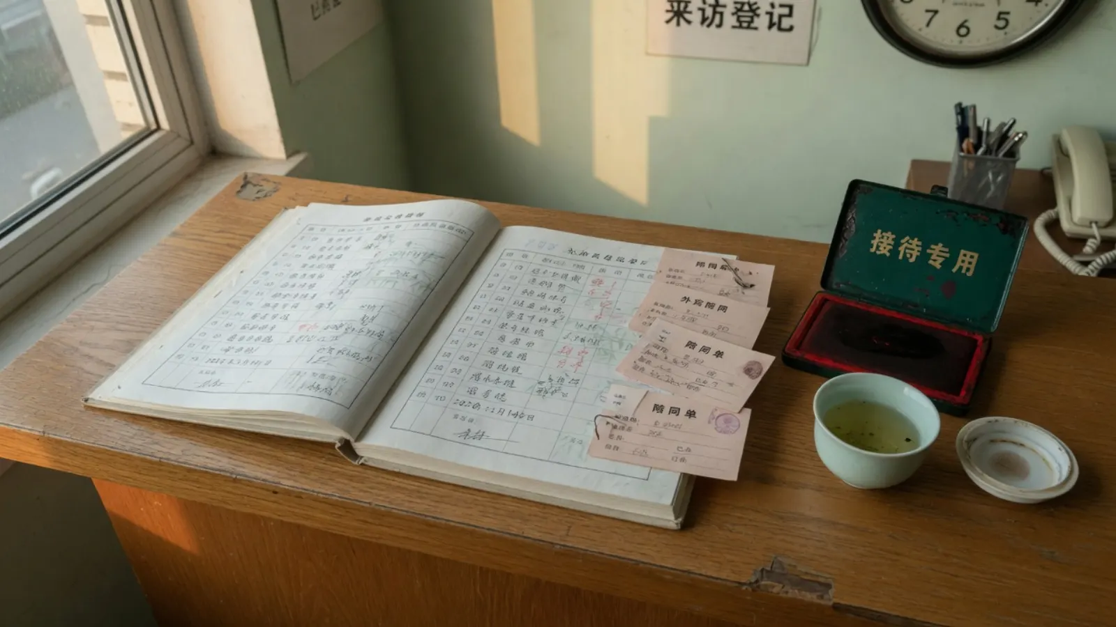招待所柜台木台上摊开的接待登记簿、陪同短签、暗绿印泥与青瓷茶杯