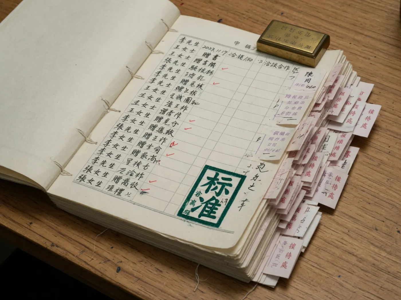 线装接待簿页边插满粉红色陪同短签，页心盖着标准印章