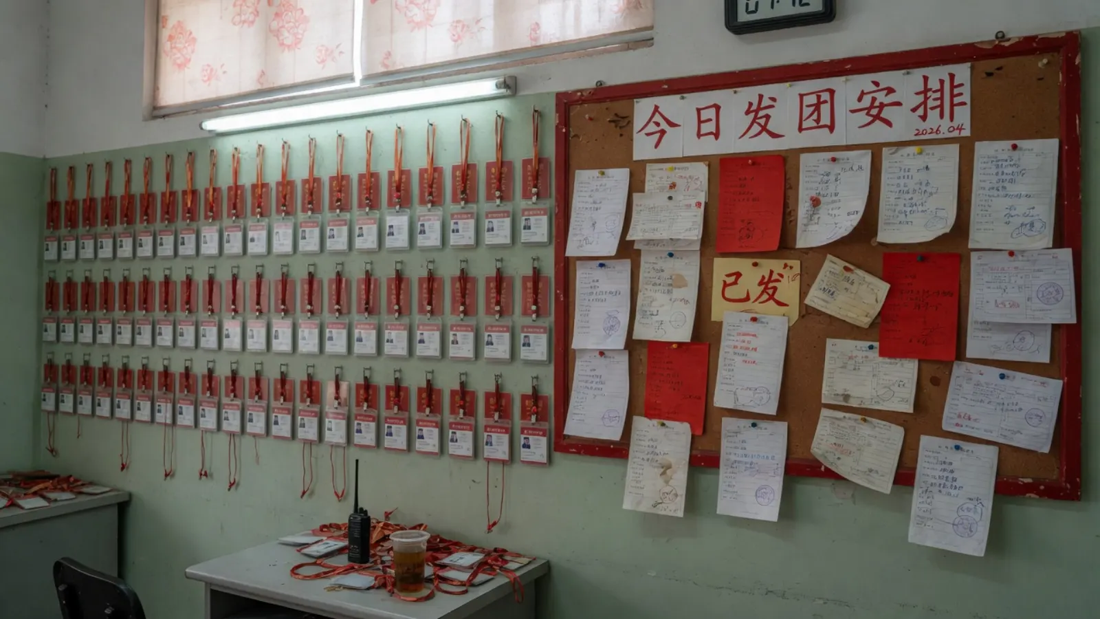 文旅调度厅的导游工牌墙和出团公告栏