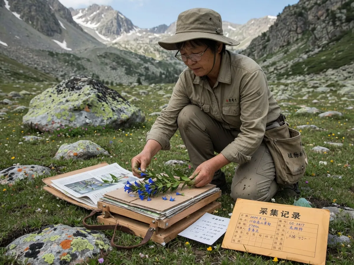 野外把开花植物压进采集夹